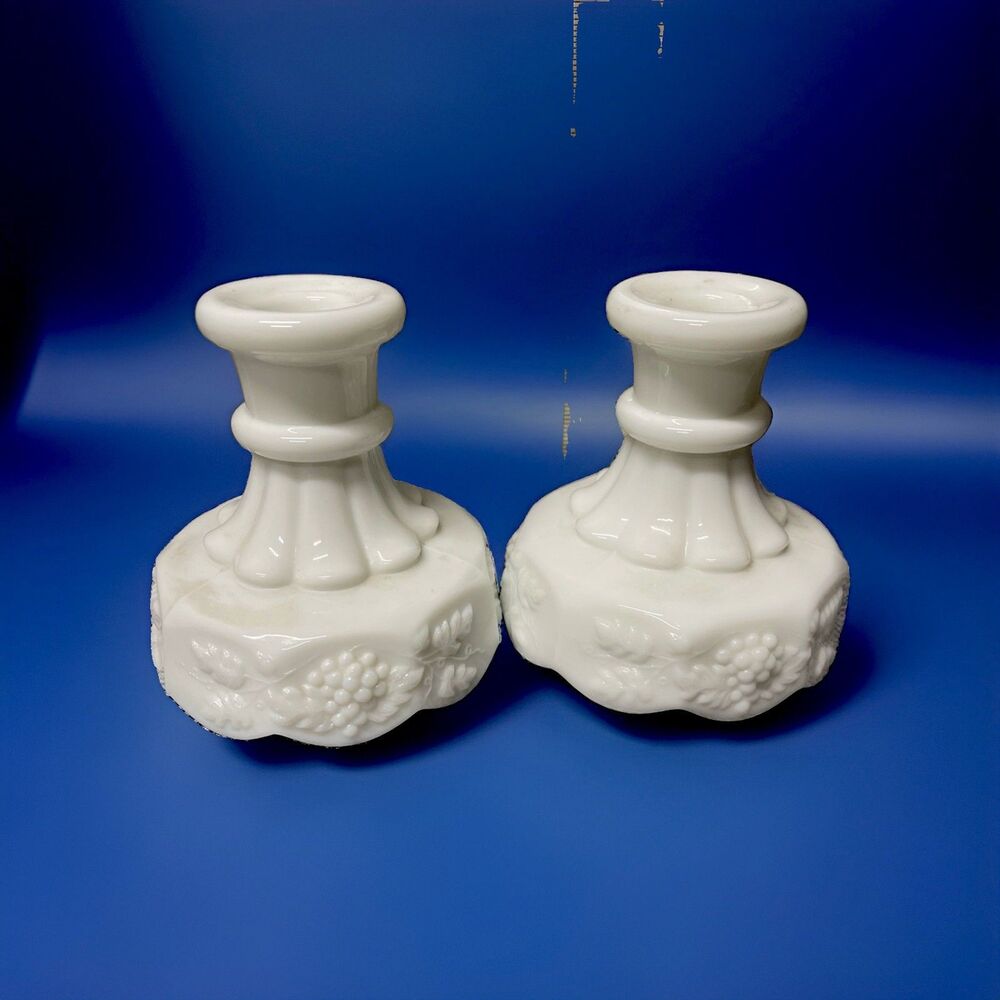 Vintage Westmoreland Paneled Grape Milk Glass Candlesticks Pair 4 Inch